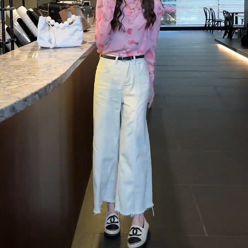 白色高腰毛边阔腿牛仔裤子女2024年秋季新款小个子休闲九分直筒裤,女装/女士精品,牛仔裤,淘宝优惠券,粉丝福利购,淘宝优惠卷