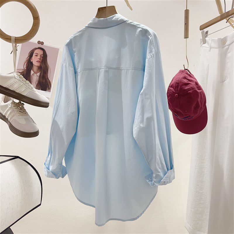 纯棉蓝色长袖衬衫女春夏季2024小个子白色宽松防晒衬衣外套