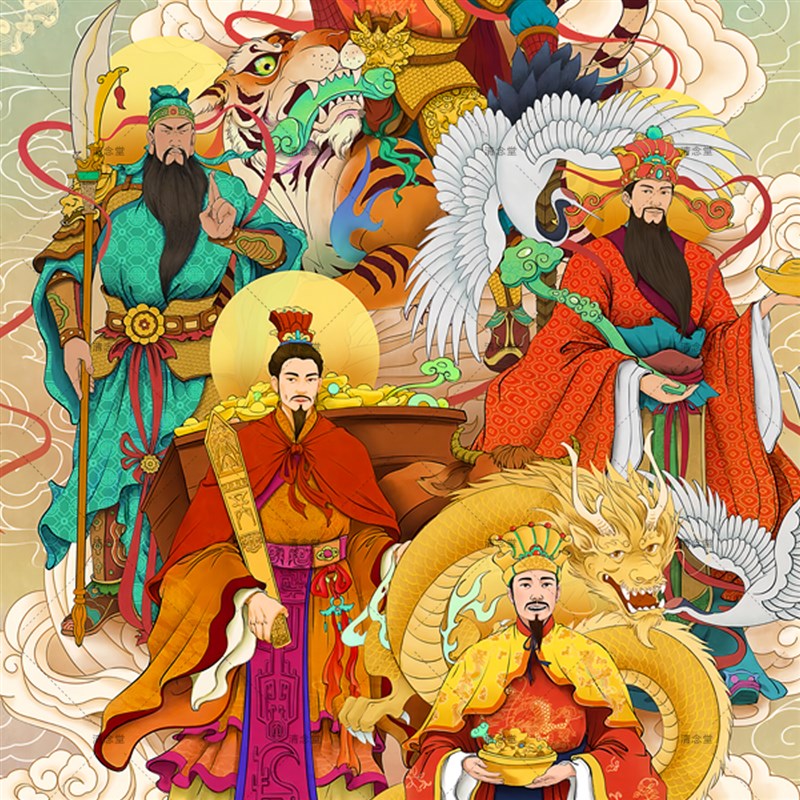 中式五路财神装饰挂画八方来财壁画客厅招财进宝墙画财神爷玄关画