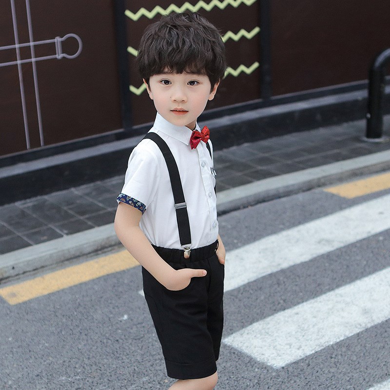 男童夏季走秀礼服儿童短袖衬衣背带短裤套装六一幼儿园表演出服装