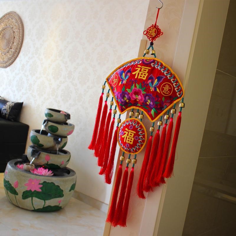 中国风民族布艺玄关壁挂 新年扇红色喜庆扇形挂件店铺餐馆装饰品
