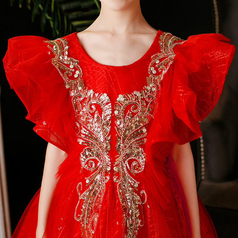 红色儿童礼服公主裙高端女童钢琴演出服洋气模特生日长袖秋冬长裙