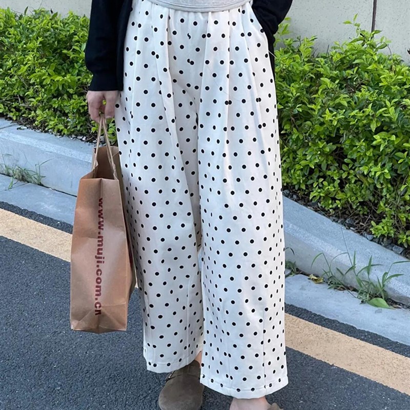 白色波点裤阔腿小个子九分夏季裤子女薄款大码胖mm显瘦休闲气球裤