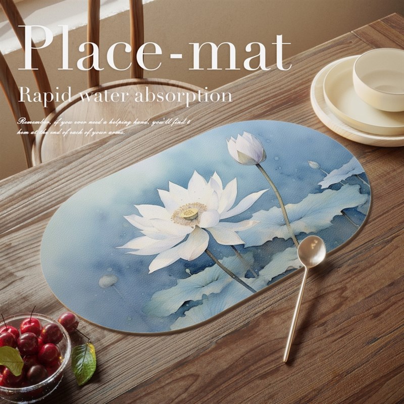 水彩荷花餐桌垫高级感轻奢隔热垫防烫西餐垫防水防油皮革餐垫北欧