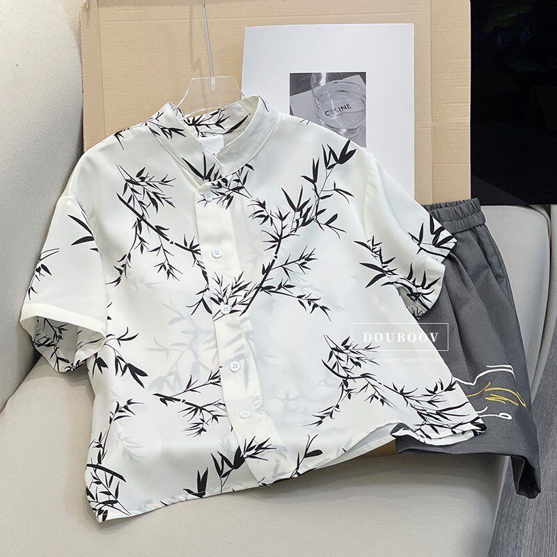 男童短袖衬衫2024夏季新款中小童新中式国风衬衣男宝唐装古风衬衫