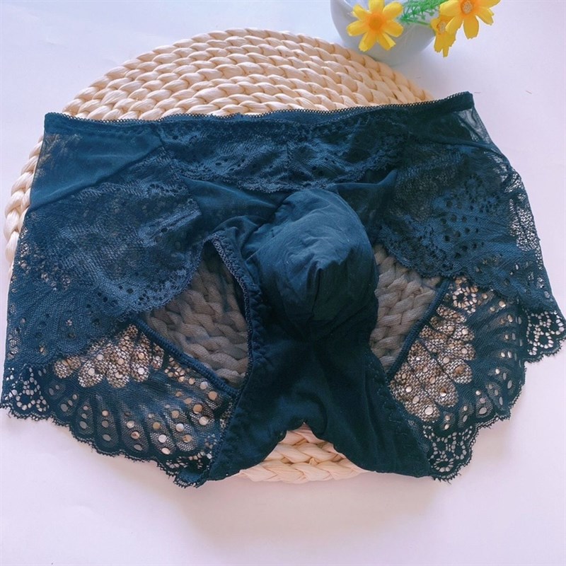 女性化设计男士内裤性感蕾丝网纱透明舒适透气男士三角裤