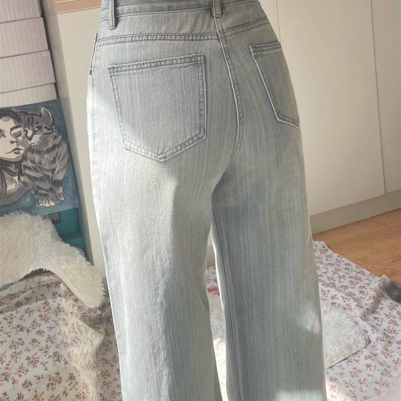 高腰垂感宽松直筒牛仔裤女秋季新款小个子显瘦浅色百搭窄版阔腿裤