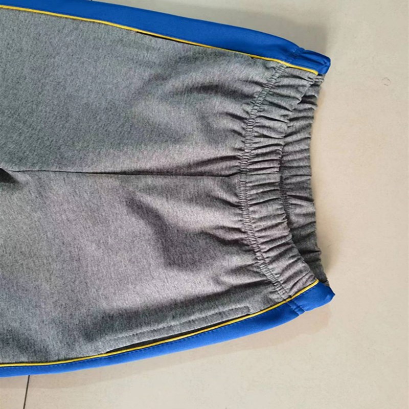 中小学生新款中腰春秋灰色拼接宝蓝底细黄杠宽松直筒校服长裤定做