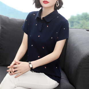 t恤女 新款 纯棉短袖 宽松2021夏装 翻领半袖 上衣中年妈妈polo体恤衫