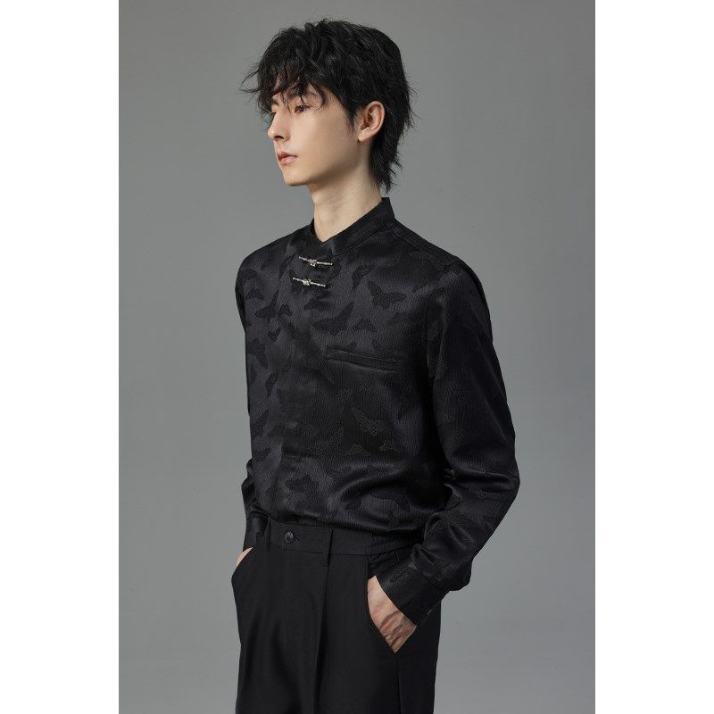 【储格】新中式立领长袖衬衫男2024秋新款高级感上衣国风提花衬衣