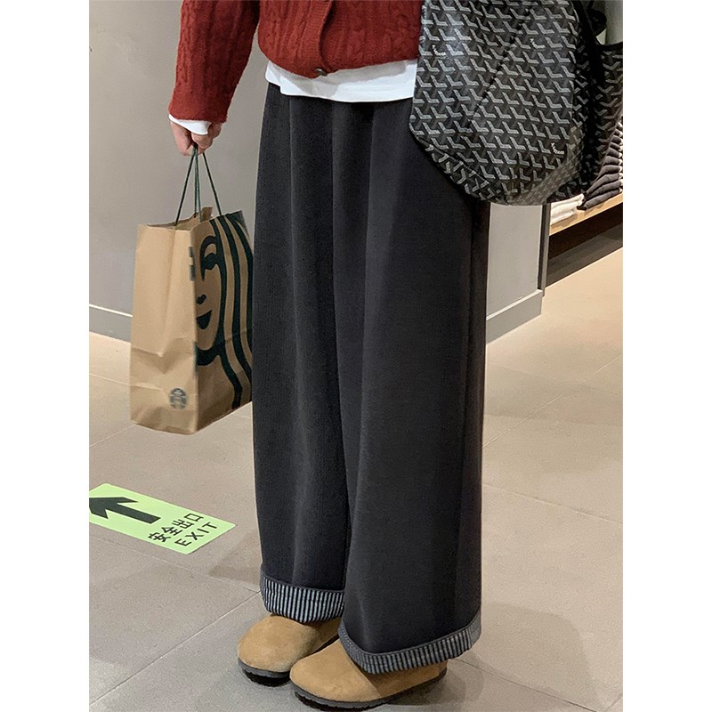 深灰色毛呢休闲裤女秋冬加绒胖妹妹mm梨形身材高腰宽松显瘦阔腿裤