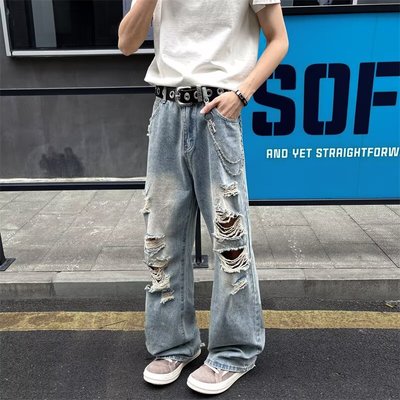 美式高街vibe水洗破洞牛仔裤男潮牌宽松直筒微喇休闲裤子2025年潮