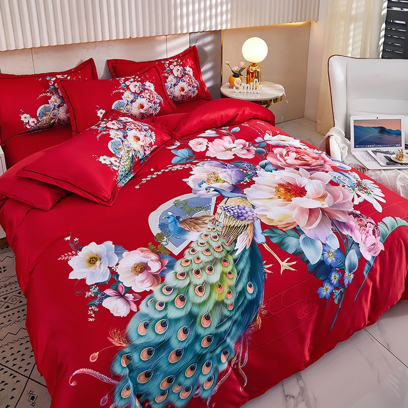 高端大气结婚四件套大红色新婚房床单龙凤呈祥被套罩婚庆床上用品