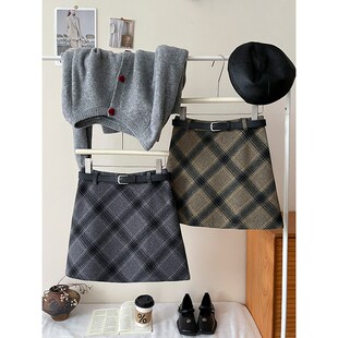 复古毛呢菱形纹格子高腰短裙女秋冬法式 洋气质显瘦包臀a字半身裙