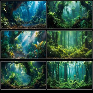 鱼缸背景贴纸贴画森林树木绿色水族箱造景装 饰3D立体正胶外贴定制