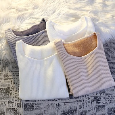 秋冬季内搭加厚一体绒白色毛衣女方领修身保暖长袖打底针织衫上衣