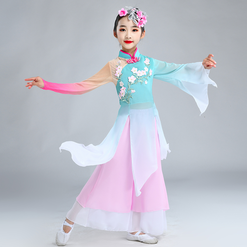 新款儿童古典舞演出服女童飘逸中国舞扇子舞伞舞秧歌舞蹈表演服装