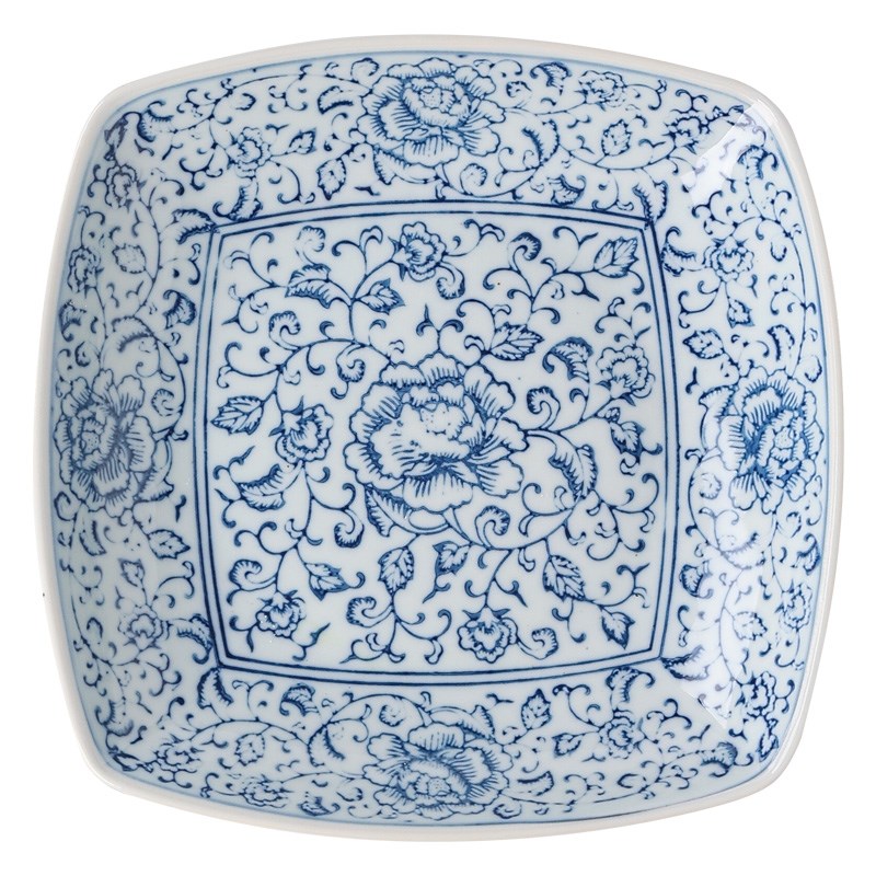 日式釉下彩复古蓝莲花陶瓷盘子家用深盘干泡台壶承壶托餐具饭汤盘