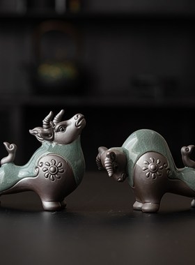 牛气冲天陶瓷哥窑牛摆件招财家居客厅博古架装饰品生肖牛礼品摆设