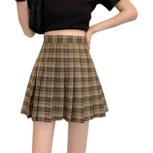 大码学院风高腰百褶裙格子半身裙女胖mm短裙裤夏季新款a型褶皱裙