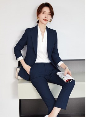 西装套装女修身高端职业套装售楼部工作服女公务员面试雾霾蓝黑色