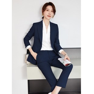 高端职业套装 女修身 售楼部工作服女公务员面试雾霾蓝黑色 套装 西装