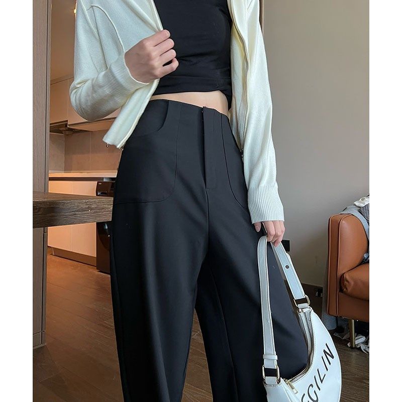 黑灰色阔腿裤女高腰垂感高级感西装裤休闲拖地窄版直筒裤春秋季