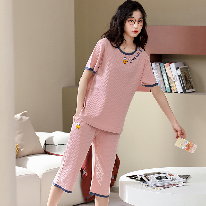 睡衣女春夏纯棉短袖七分裤韩版清新学生大码可外穿全棉家居服套装