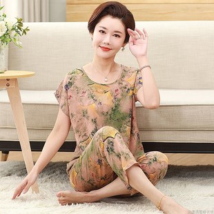 中老年睡衣女夏季 纯棉棉绸女短袖 绵绸老人居家休闲外穿家居服套装