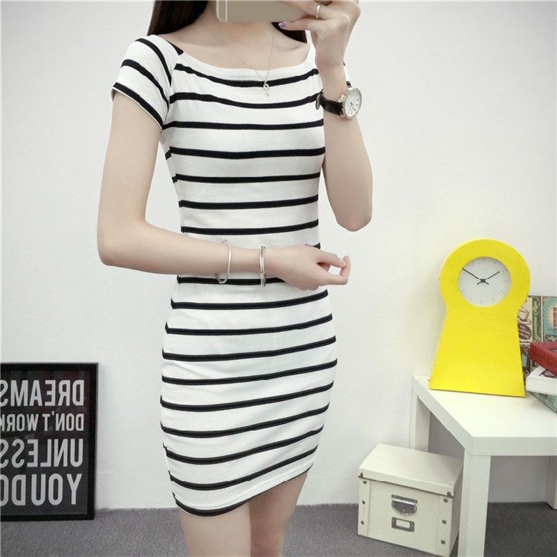 夏季女装新款短袖条纹一字领露肩连衣裙棉修身包臀性感中长打底裙,女装/女士精品,连衣裙,淘宝优惠券,粉丝福利购,淘宝优惠卷