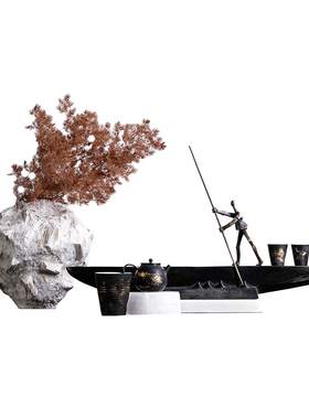 新中式复古陶瓷花瓶办公室茶室客厅茶具套装渡船人物组合装饰摆件