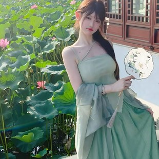 古风女装新中式禅意国风清冷感套装吊带女汉元素绿色半身裙三件套