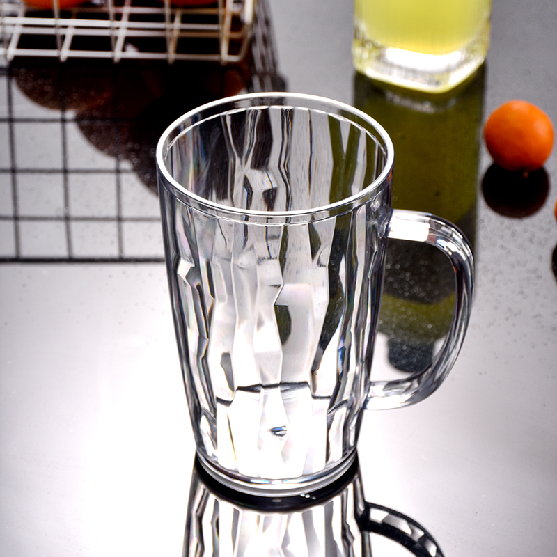 新款PC压克力啤酒杯 透明塑料茶杯加厚带把啤酒扎杯果汁饮料杯子