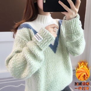 半高领毛衣女秋冬加绒2021新款 上衣 套头宽松韩版 慵懒风加厚针织衫