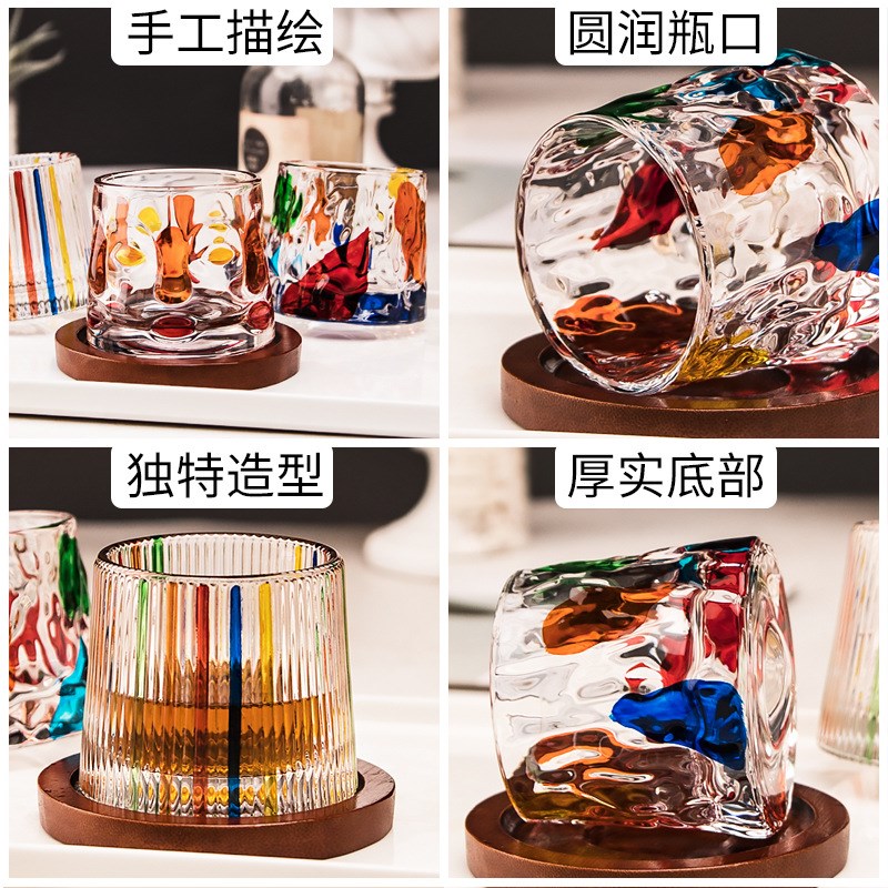 复古浮雕旋转威士忌酒杯钠钙玻璃杯子手绘彩色不倒翁洋酒鸡尾酒杯