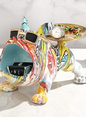 入户鞋柜置物托盘轻奢法斗犬玄关钥匙收纳摆件客厅桌面高档装饰品