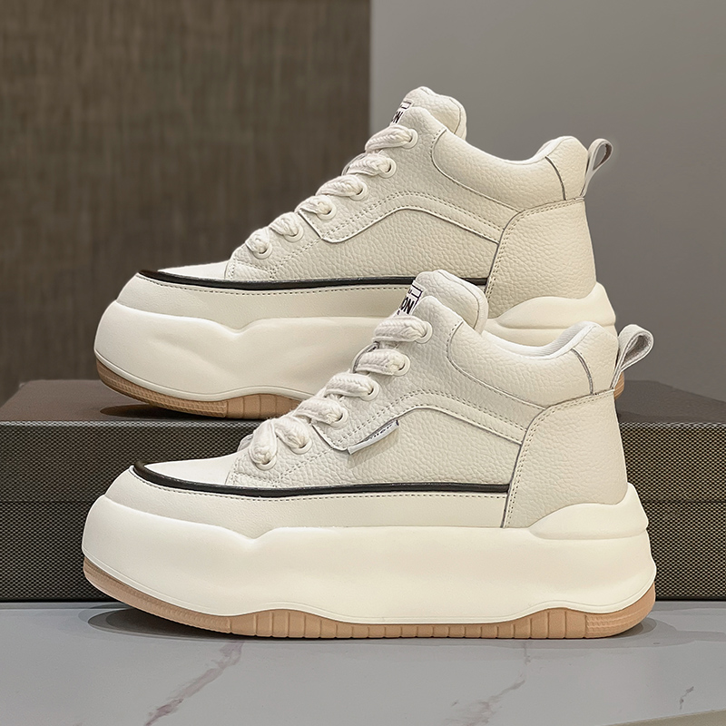 厚底高筒女鞋e2023年春秋季新款松糕鞋加绒休闲短靴爆款真皮小白