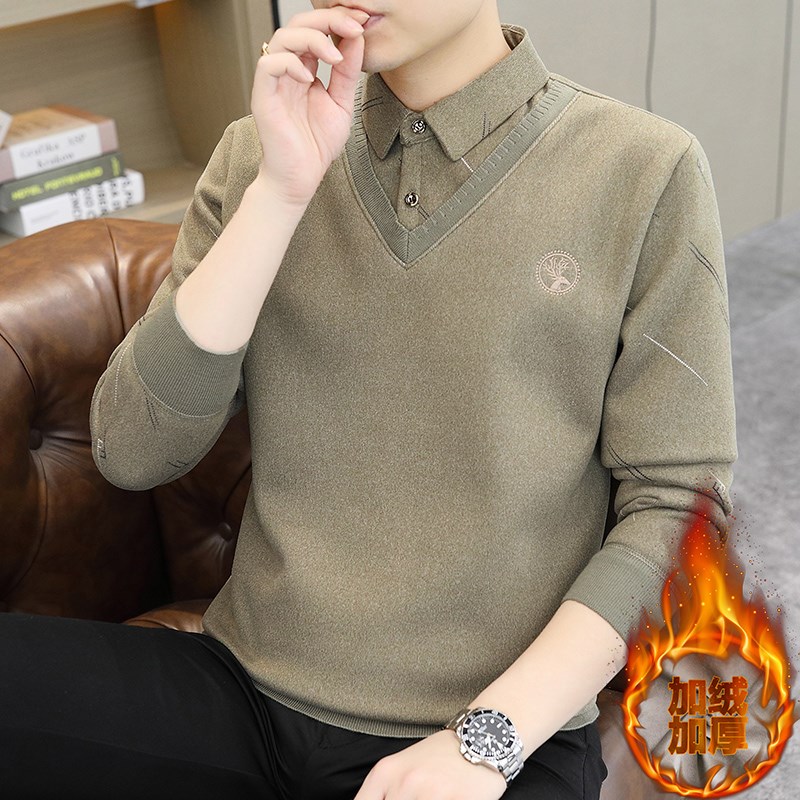 一体绒加绒厚款假两件衬衫领毛衣男潮打底衫线衣商务休Z闲修身柔