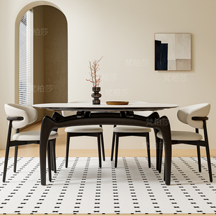 奶油风奶白色哑光岩板餐桌折叠伸缩猫耳餐桌方变圆两用餐桌椅组合