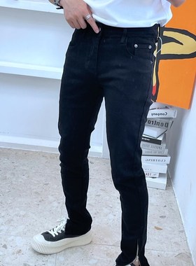 卷毛男装2022秋季新款裤子男黑色D拉炼纯色牛仔长裤修身烟管裤休