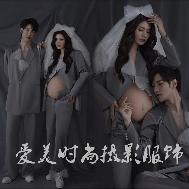 22年新款影楼孕妇情侣拍照写真服装慵懒风高级感灰色港版西服套装