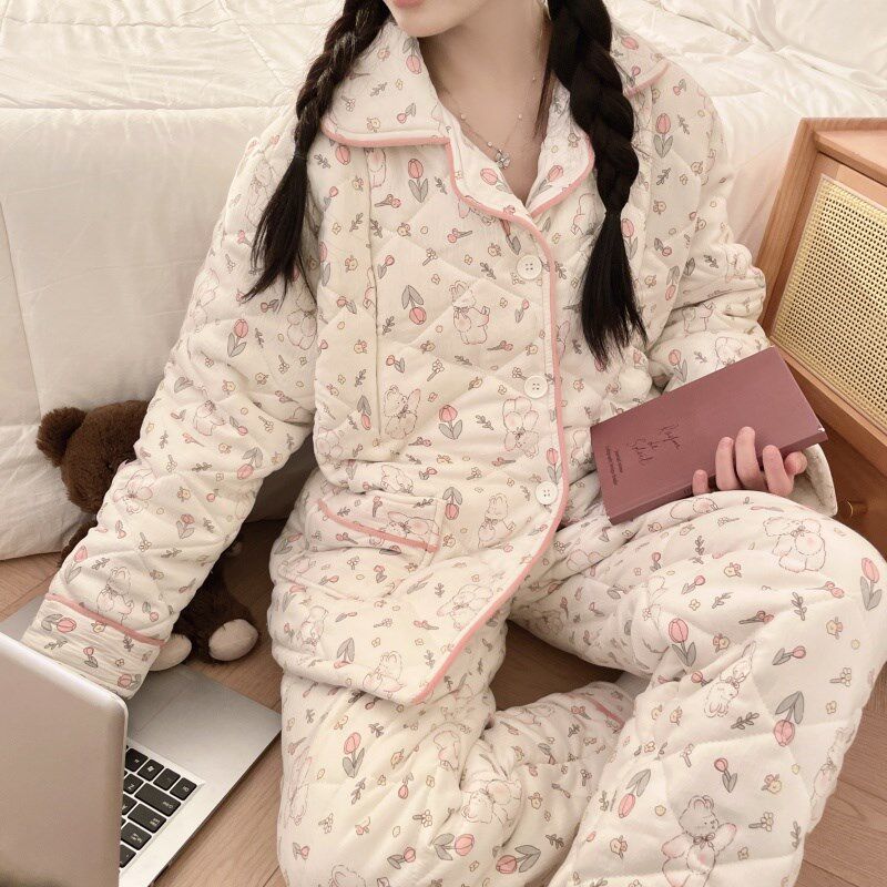 冬季三层夹棉月子服孕妇产后保暖哺乳睡衣加绒棉服大码家居服套装