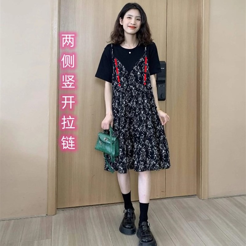 夏季哺乳衣外出辣妈款时尚款喂奶衣服小碎花显瘦假两件哺乳连衣裙