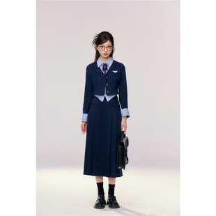 织物猪 丝绒拿铁 复古学院风套装女小个子秋冬呢子制服半裙两件套