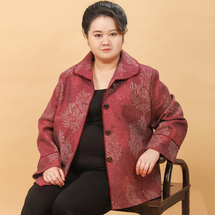 中老年人胖妈妈毛呢短外套春秋季新款加肥加大码奶奶上衣女装