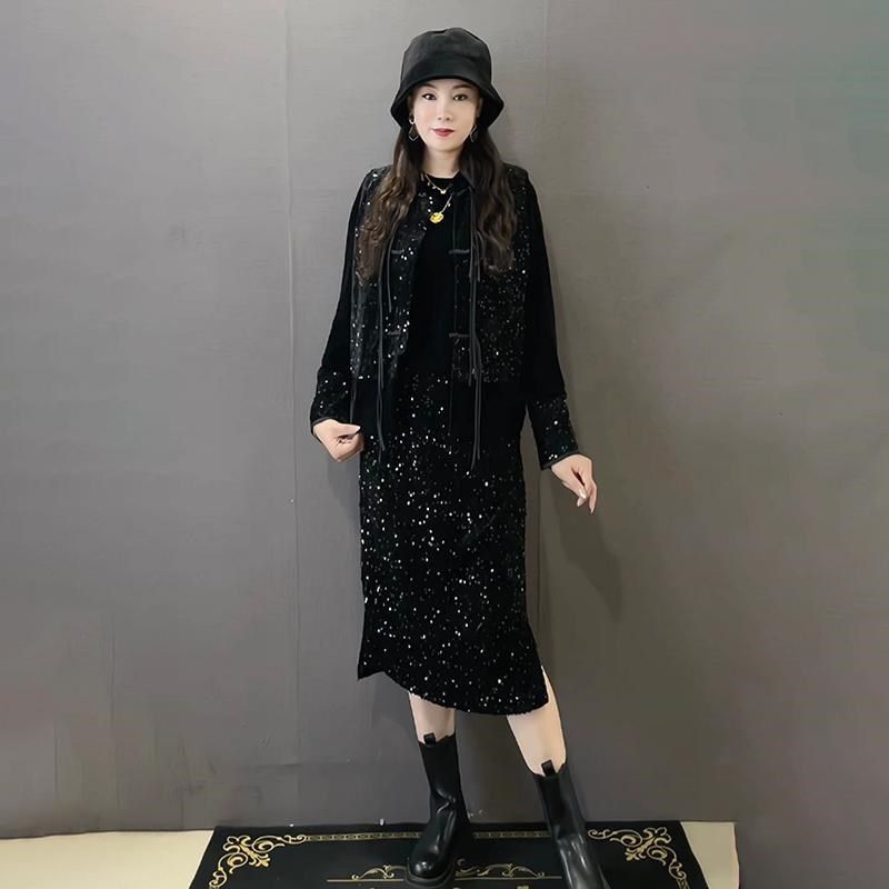 新中式国风丝绒马甲套装打底小衫胖妹妹马甲半身裙黑色三件套马夹,女装/女士精品,大码套装,淘宝优惠券,粉丝福利购,淘宝优惠卷