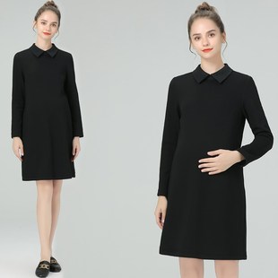 加绒加厚孕妇装秋冬孕妇连衣裙女黑色长袖中长款通勤职业装裙子