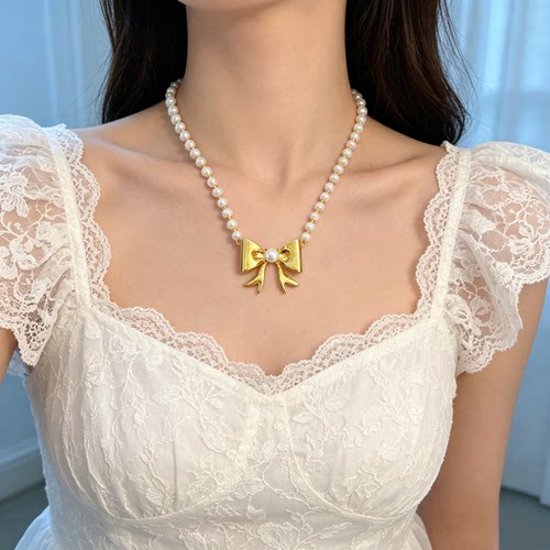 足金999法式复古蝴蝶结珍珠项链轻奢小众精致锁骨链女
