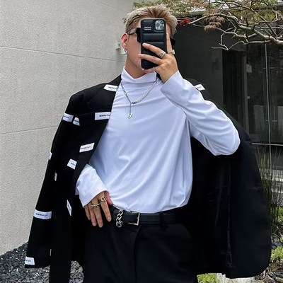 设计感高领t恤男亲肤舒适薄款宽松长袖打底衫发型师潮堆堆领上衣