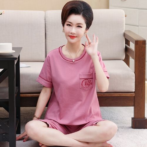 中年睡衣女夏季纯棉短袖七分裤妈妈家居服中老年薄款宽松休闲套装